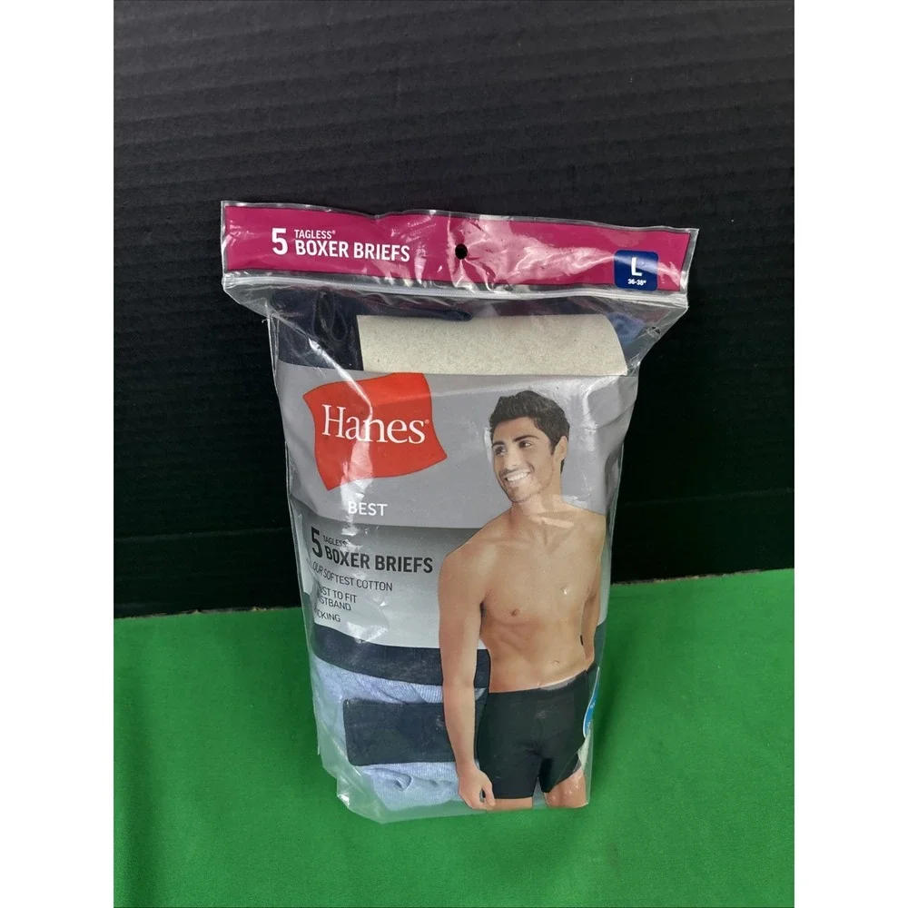 NWT Hanes Mens 5-Pack Best Boxer Brief Size L Blue Assorted Cotton Underwear
